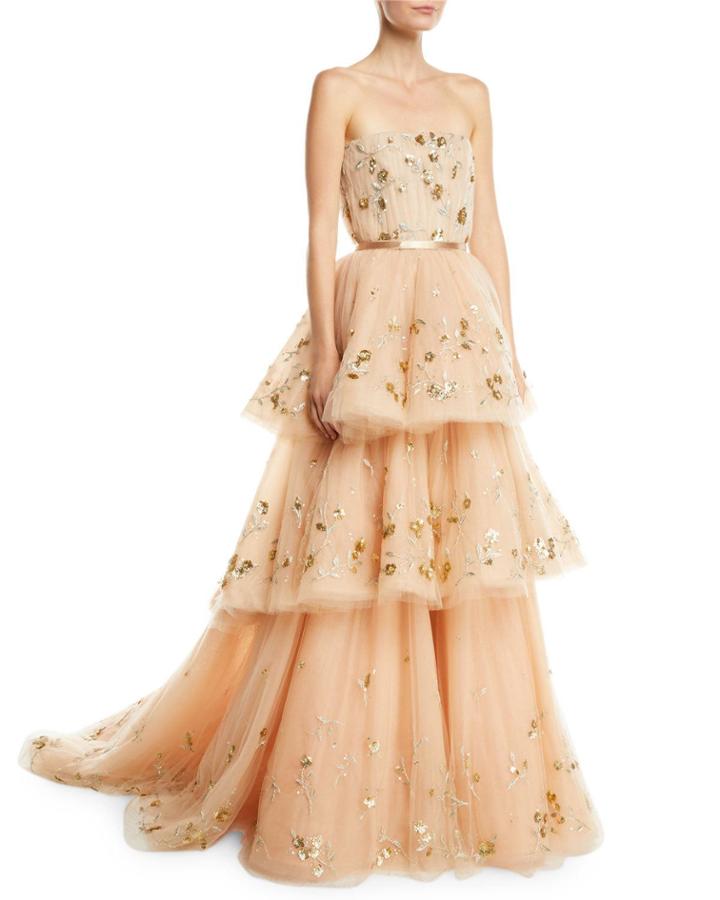 Strapless Floral-embroidered Three-tiered Tulle Ballgown