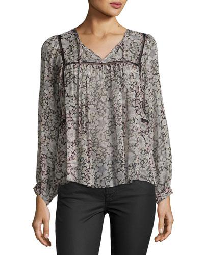 Lindsay Floral-print Silk Top, Black/pink