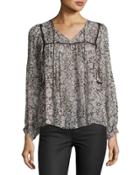 Lindsay Floral-print Silk Top, Black/pink