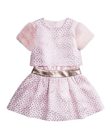 Metallic Polka-dot Popover Dress W/ Faux Fur Sleeves,