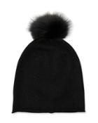 Cashmere Fox Fur Pompom Hat, Black
