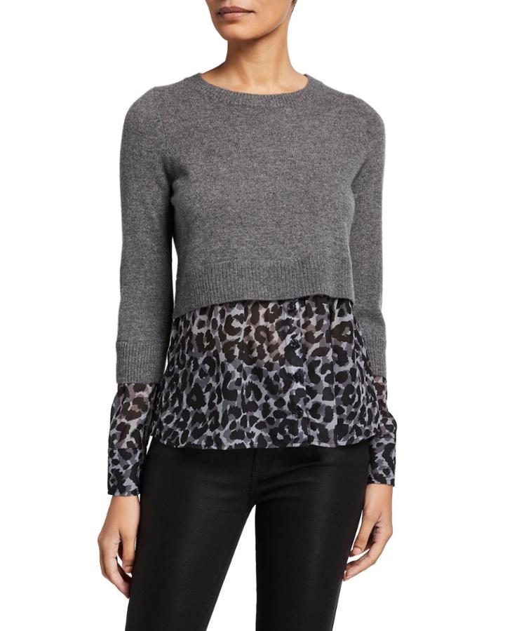 Twofer Cashmere Sweater & Leopard Shirting Pullover