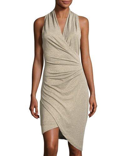 V-neck Asymmetric-hem Dress, Gold