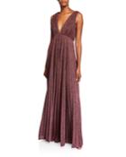 Metallic Knit V-neck Sleeveless Pleated Gown