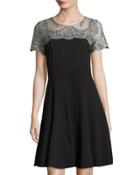 Short-sleeve Lace-yoke A-line Dress, Black/silver