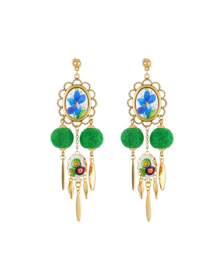 Green Pompom Dangle Earrings