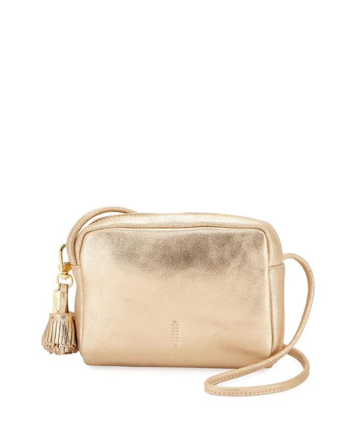 Pompom Metallic Leather Crossbody Bag, Gold