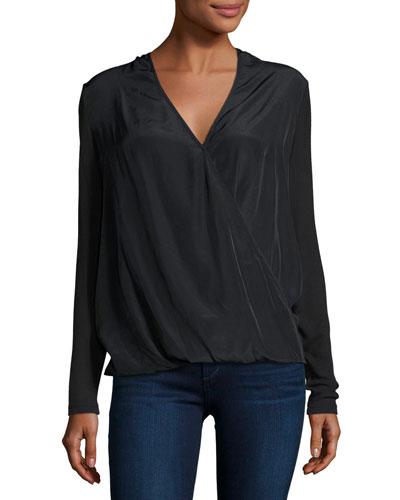 Mix-media Draped Long-sleeve Tee, Black