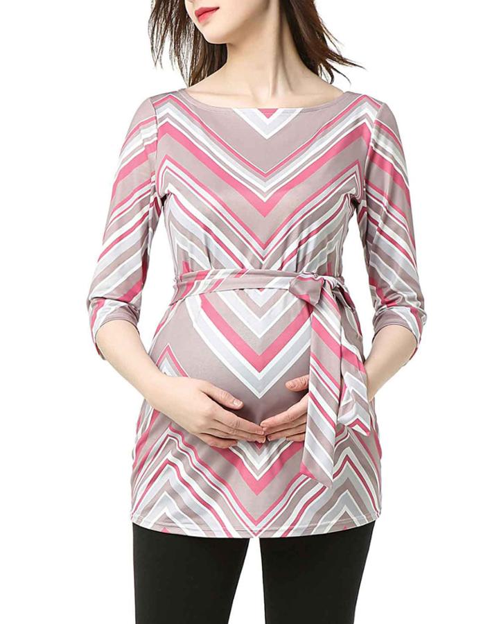 Maternity Delia Chevron Boat-neck Belted Top