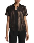 Short-sleeve Chain-trimmed Leather Bomber Jacket