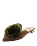 Powder Puff Pompom Suede Mule Flat, Black