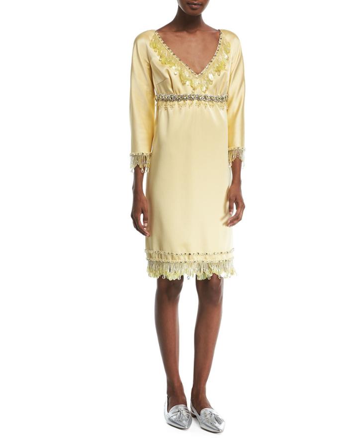Beaded 3/4-sleeve Satin Cocktail Dress