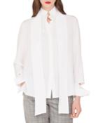 Long-sleeve Silk Crepe Blouse With Detachable Bow & Cuffs