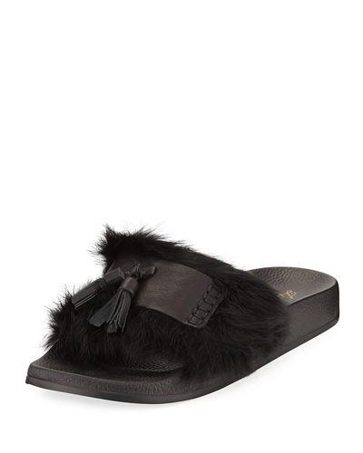 Ice Leather Pool Sandal With Fur Trim