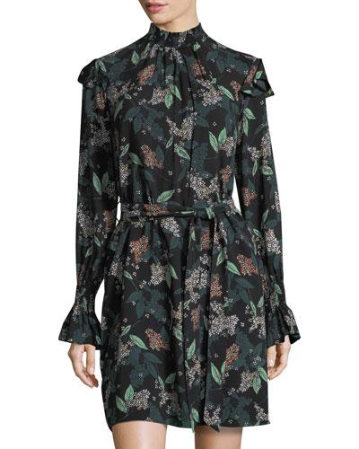 Smocked Floral-print Belted