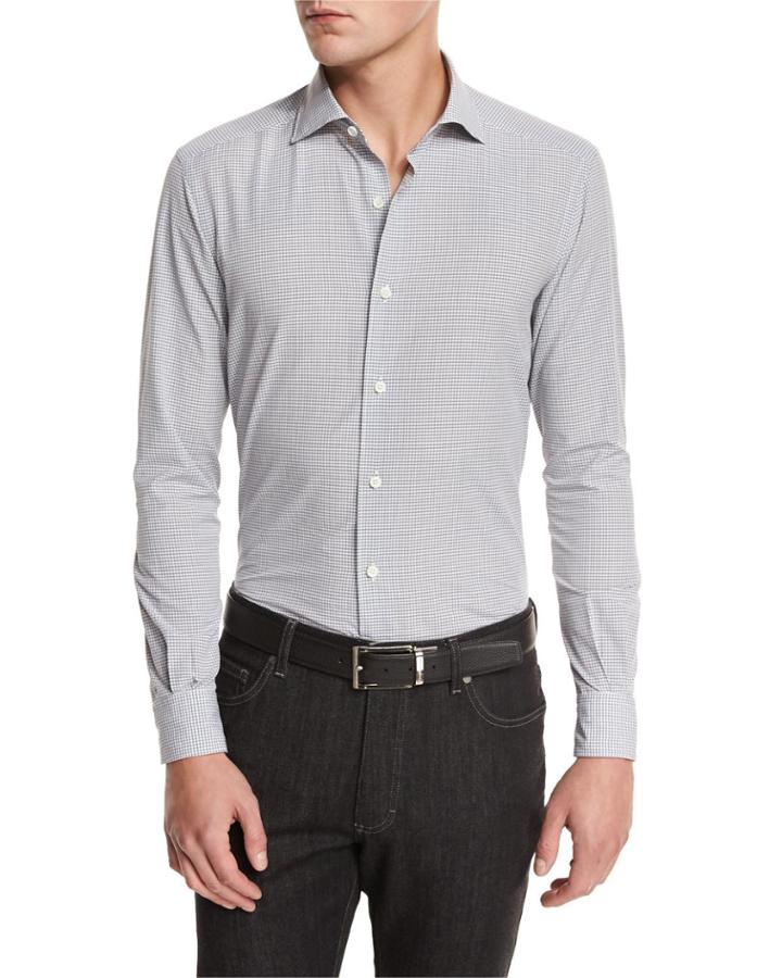 Gingham Woven Sport Shirt, Medium Gray Check