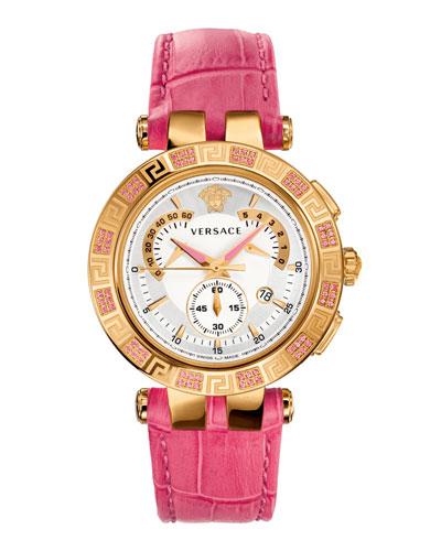 V-race Chronograph Watch W/ Topaz Pave & Leather Strap, Golden/pink
