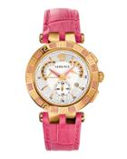 V-race Chronograph Watch W/ Topaz Pave & Leather Strap, Golden/pink