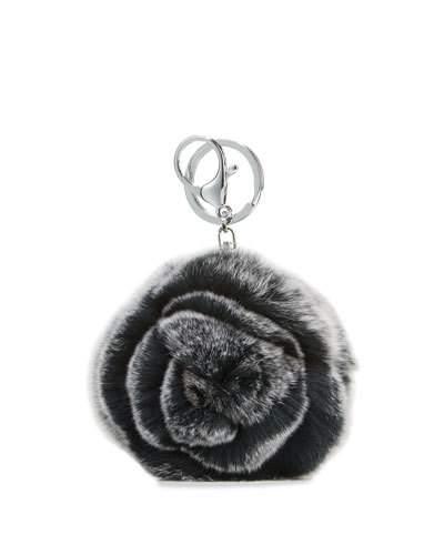 Rabbit Fur Rosette Pompom Key Chain, Black/gray