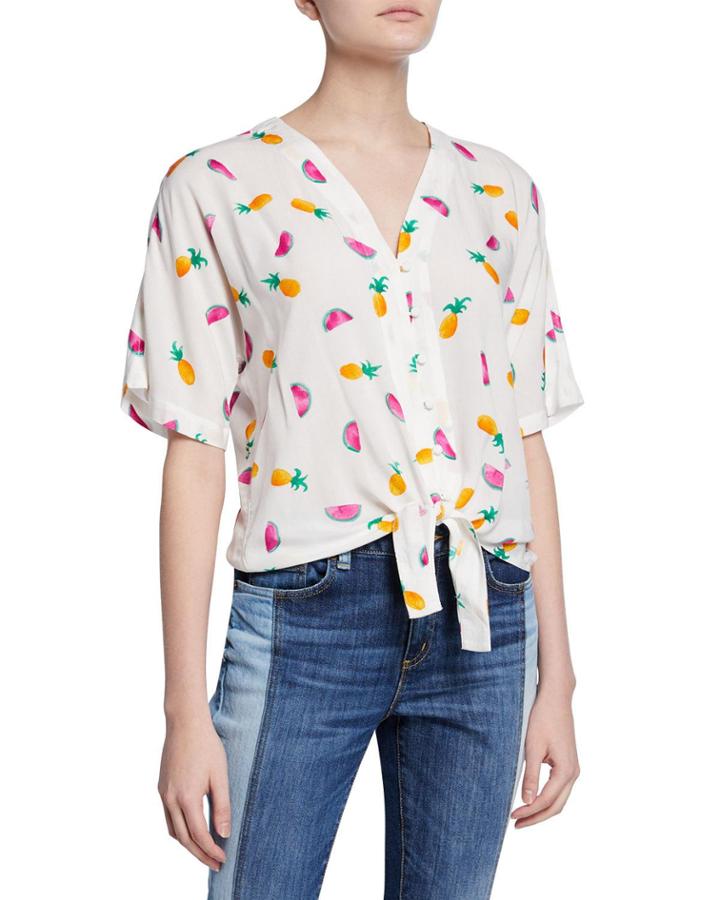 High-low Tie-front Shirt W/ Fruit-print