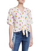 High-low Tie-front Shirt W/ Fruit-print