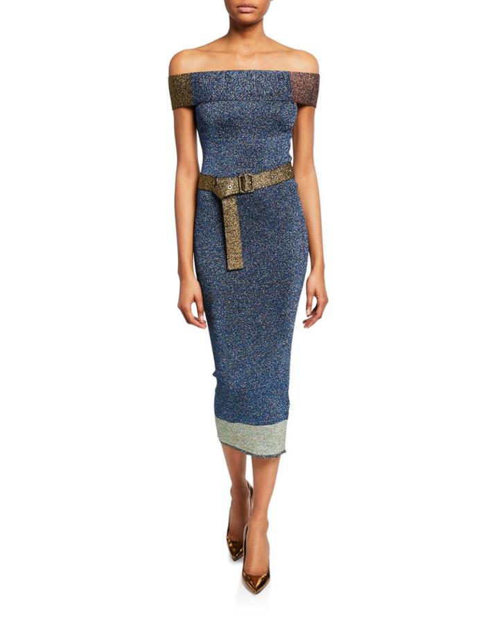 Off-the-shoulder Colorblock Metallic Ribbed Belted Dress