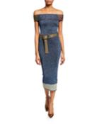 Off-the-shoulder Colorblock Metallic Ribbed Belted Dress