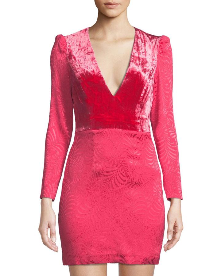 Velvet-bodice Long-sleeve Jacquard Mini Dress, Pink