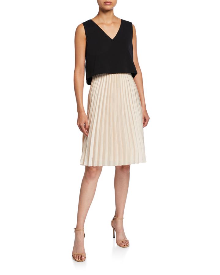 Pleated V-neck Popover Combo Dress