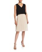 Pleated V-neck Popover Combo Dress