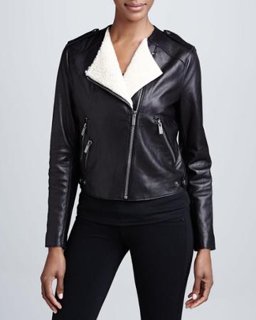 Bcbg Leather Moto Jacket With Real Shearling - (small)