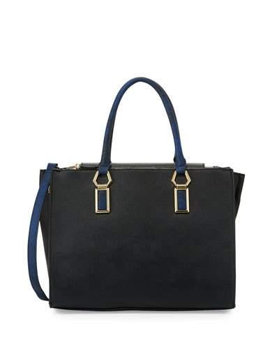 Hexagon Faux-leather Satchel Bag, Black/cobalt