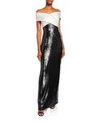 Layered Sequin Off-the-shoulder Silk Georgette Gown W/