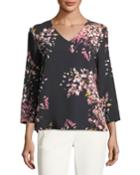 V-neck Long-sleeve Floral-print Tunic