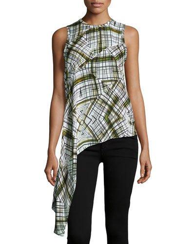 Asymmetric Abstract-print Silk Tank Top, Ivory