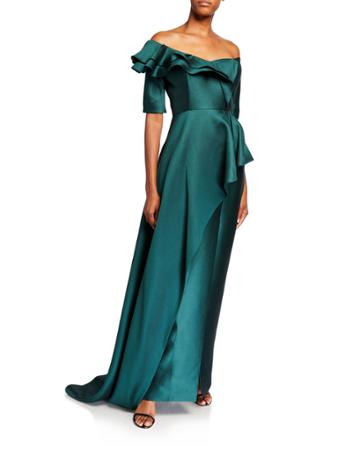 Off-the-shoulder Elbow-sleeve Silk Pique Asymmetric Peplum Gown