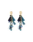 Blue Mixed-media Cluster Raffia Tassel Drop Earrings