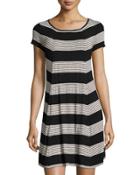 Short-sleeve Stripe-print Dress, Black/natural