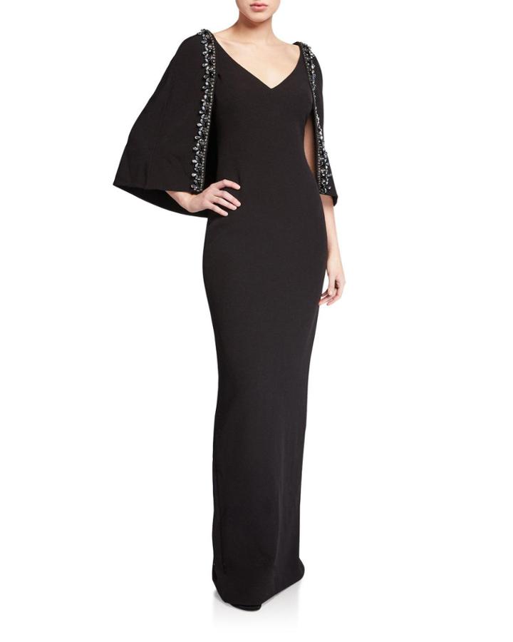 V-neck Cape Gown With Beaded Trim
