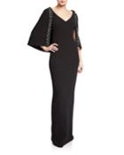 V-neck Cape Gown With Beaded Trim