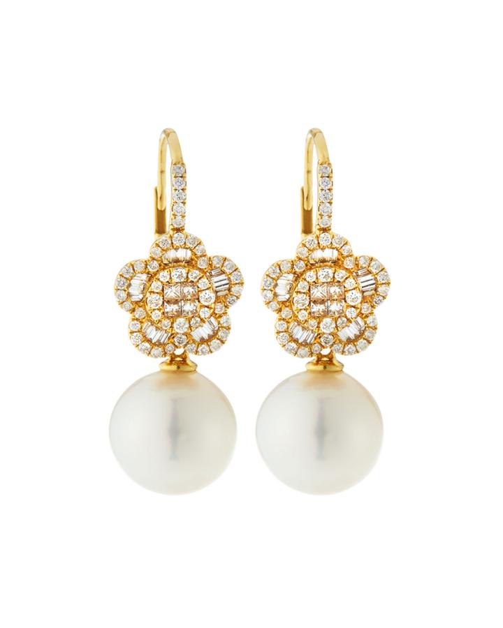 18k Diamond Flower & Pearl Drop Earrings