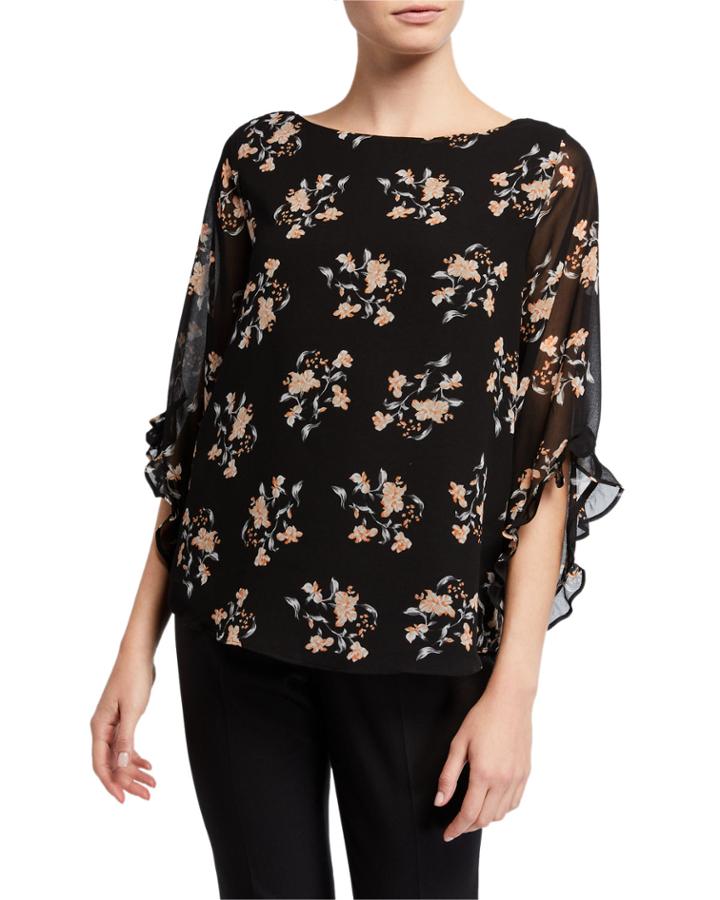 Floral-print Boat-neck Top With Ruffle