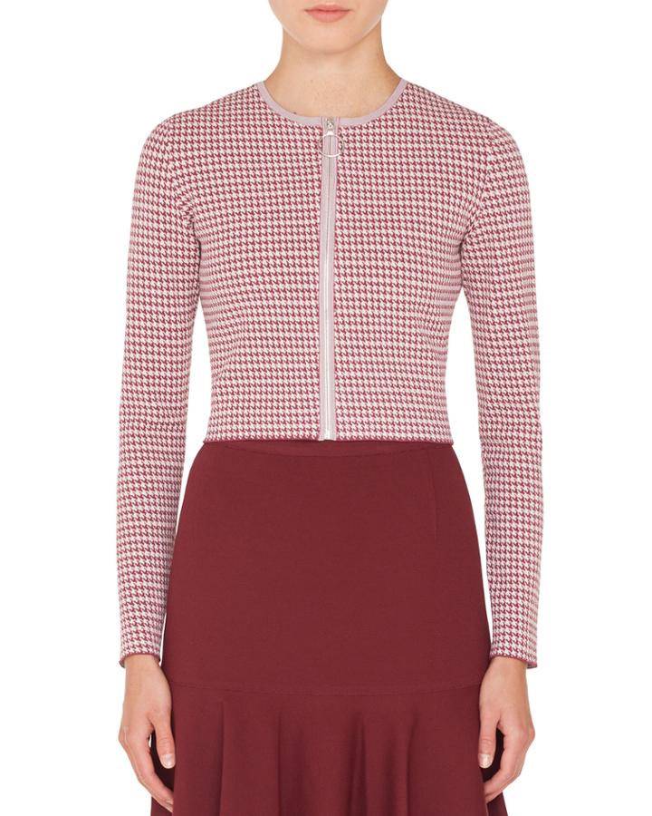 Zip-front Houndstooth-knit Bolero Jacket