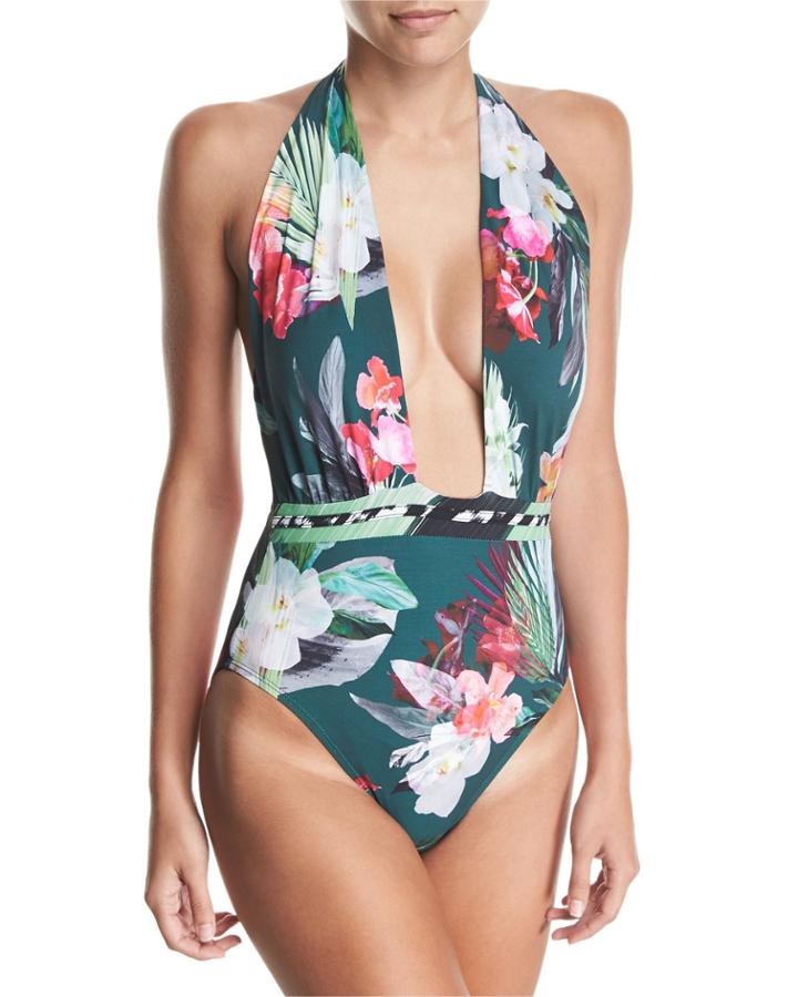 Jungle Floral-print Wrap Front One-piece