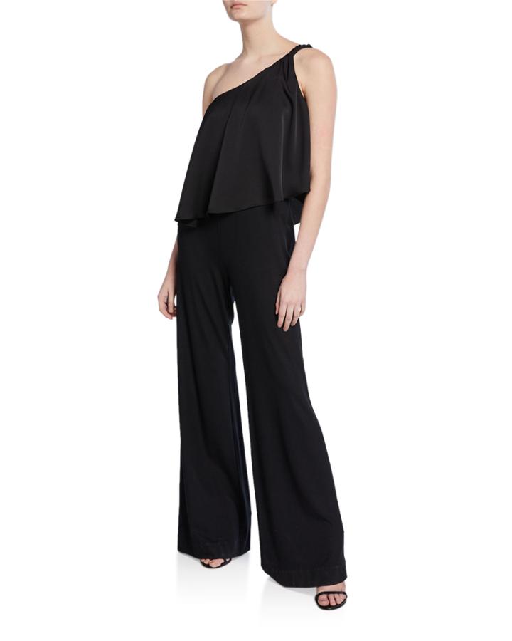 Rosalyee One-shoulder Flare-leg Draped Flounce Jumpsuit