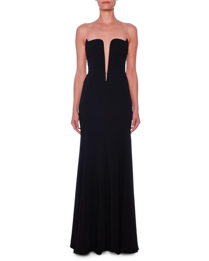 Deep-v Illusion Bustier A-line Stretch-cady Evening Gown