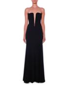 Deep-v Illusion Bustier A-line Stretch-cady Evening Gown