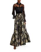 Long-sleeve Lace Top & Brocade Skirt Combo