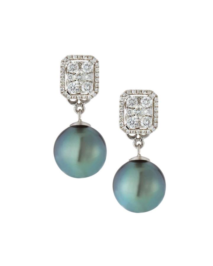 18k White Gold Emerald-shape & Pearl Earrings