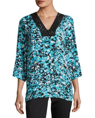 Embellished-neck Printed Top, Blue Pattern